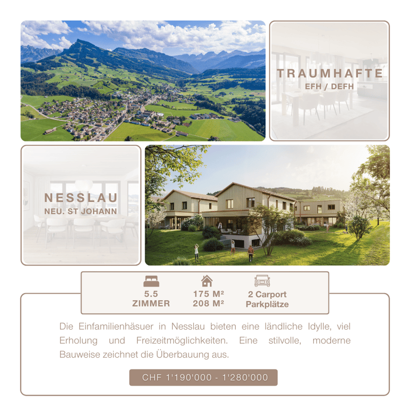 single family houses in Nesslau, rural idyll, plenty of relaxation and leisure opportunities, stylish modern architecture, terrace, balcony