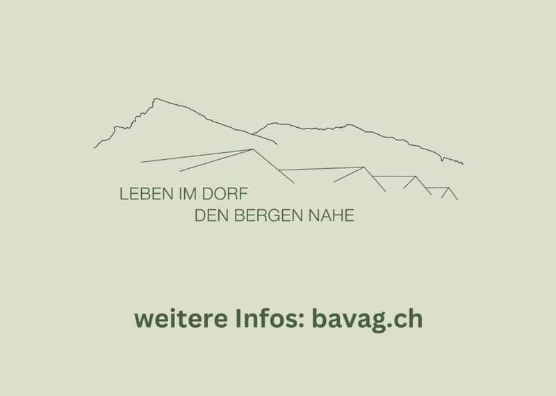 The image shows a stylized landscape with mountains in the background and a village or town in the foreground. The text indicates that the image is about 'Leben im Dorf den Bergen nahe', which means 'Living in the village near the mountains'. The website