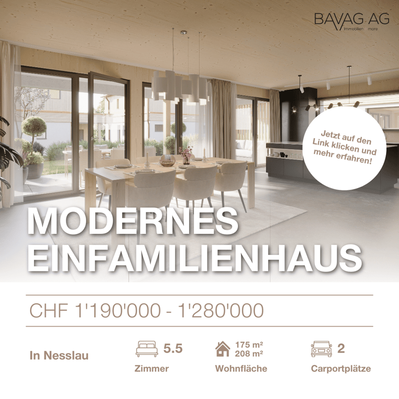 Modern single-family home with large windows, open floor plan, dining area, and access to a balcony or terrace. The home also has a garage.