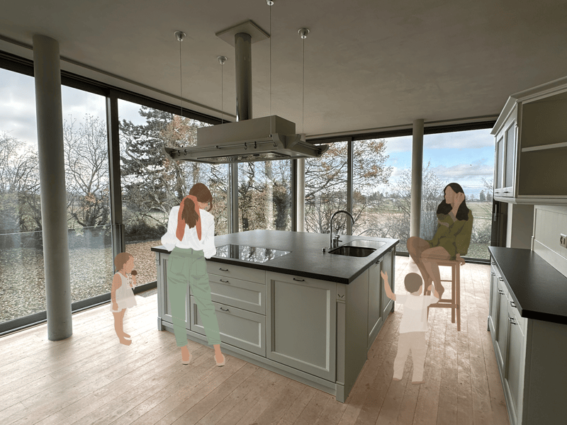 Spacious kitchen with large windows overlooking a scenic outdoor view, modern kitchen island with gray cabinets, stainless steel appliances, and pendant lighting