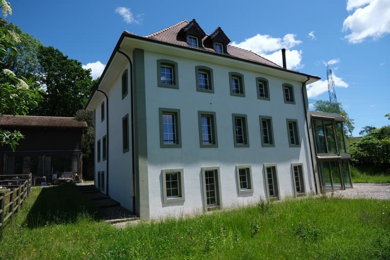 3-story building with a light green exterior, a tiled roof, and multiple windows. The building is surrounded by a grassy area with some trees and a small structure in the foreground.