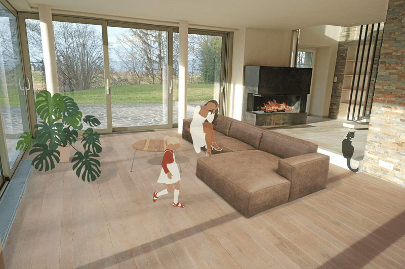 Spacious living room with large windows overlooking a grassy outdoor area, a brown sectional sofa, a fireplace, and potted plants. The room has a modern and cozy feel.