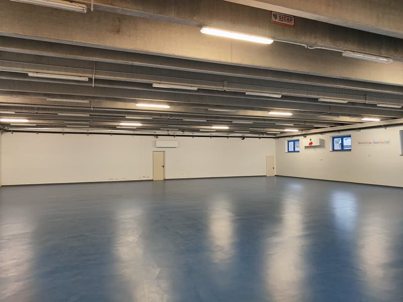 Empty room with blue floor, white walls, two doors, small windows, and ceiling lights