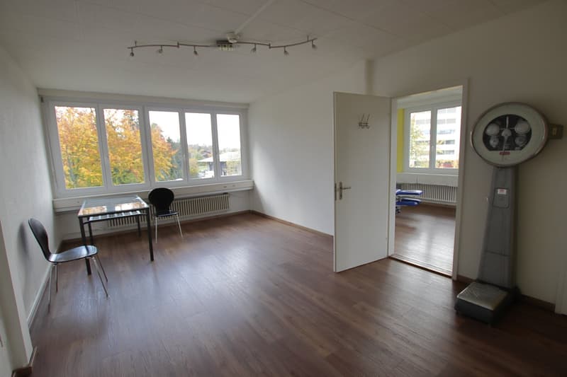 Empty room with hardwood floor, large windows, radiator, table, chairs, white walls, ceiling with multiple lights