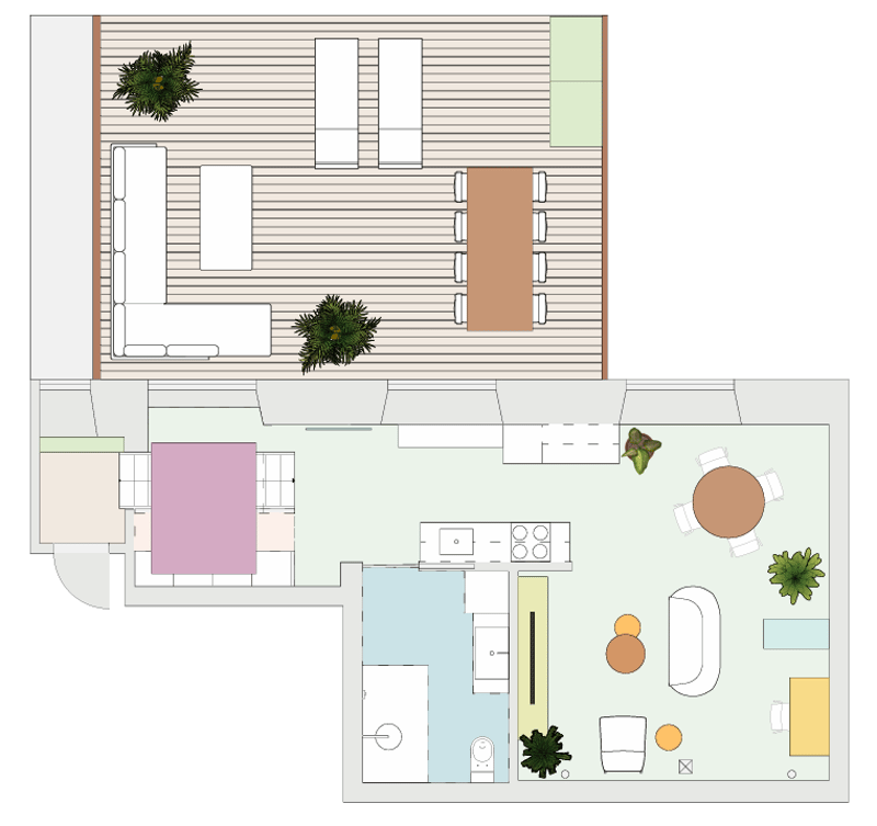 Living area, dining area, 2 bedrooms, kitchen, bathroom, balcony
