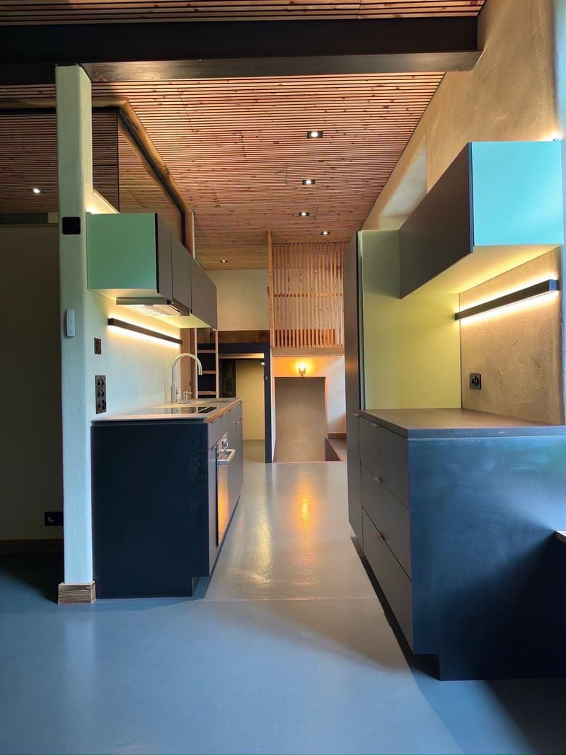 modern kitchen, wooden ceiling, blue flooring, stainless steel kitchen counters, built-in appliances, pendant lighting