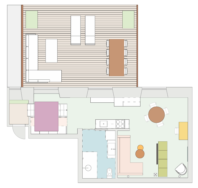 top floor: living room, kitchen, dining area, bedroom, balcony, bathroom; bottom floor: bedroom, bathroom, entrance