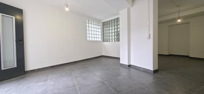 Empty room with white walls, gray tiles, two glass block windows, and ceiling lights