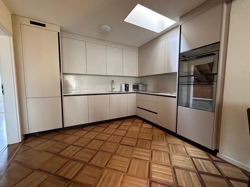 modern kitchen, white cabinets, wooden floor, stainless steel appliances, skylight