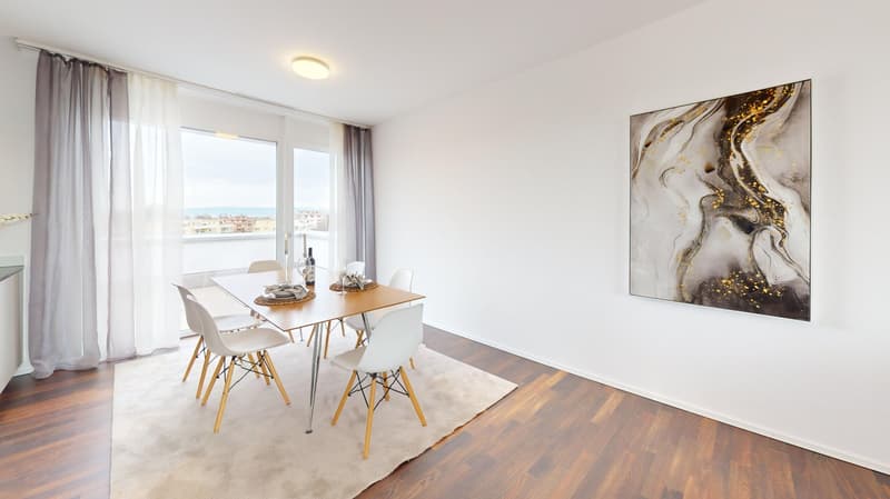 Dining area with dining table, chairs, wine bottles, wine glasses, cityscape view, painting on wall, carpet, wooden floor