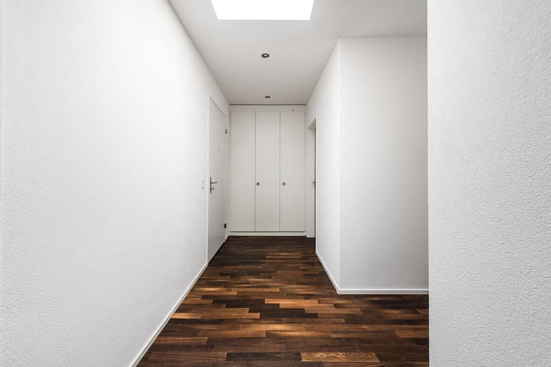 modern corridor with white walls, wooden flooring, recessed lighting