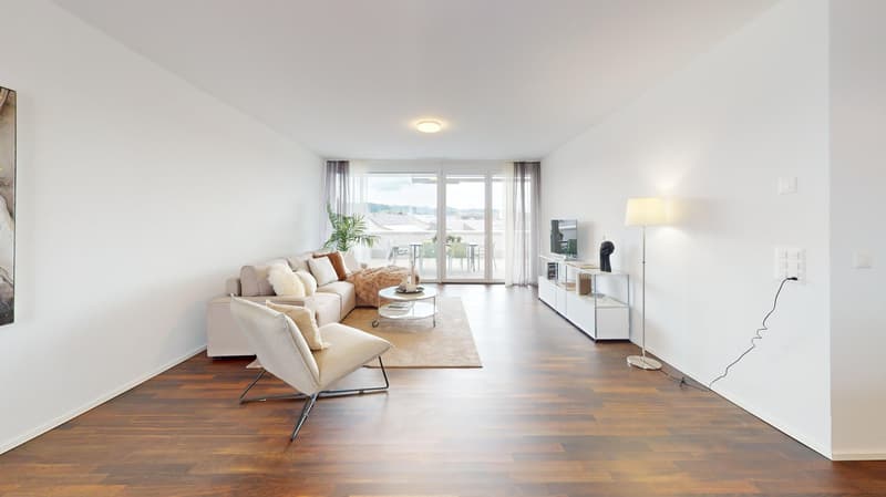 floor, large windows, balcony, sliding doors, television, chair, sofa, coffee table, rug, lamp