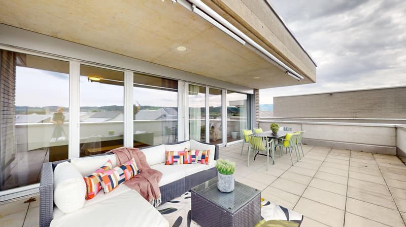 Sofa, side table, dinning table with chairs, large glass doors