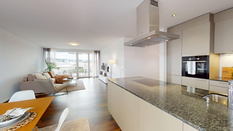 modern kitchen with granite countertops, stainless steel appliances, large window with view