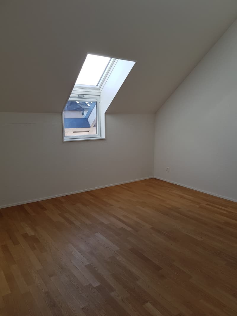 empty room, wooden floor, white walls, skylight window