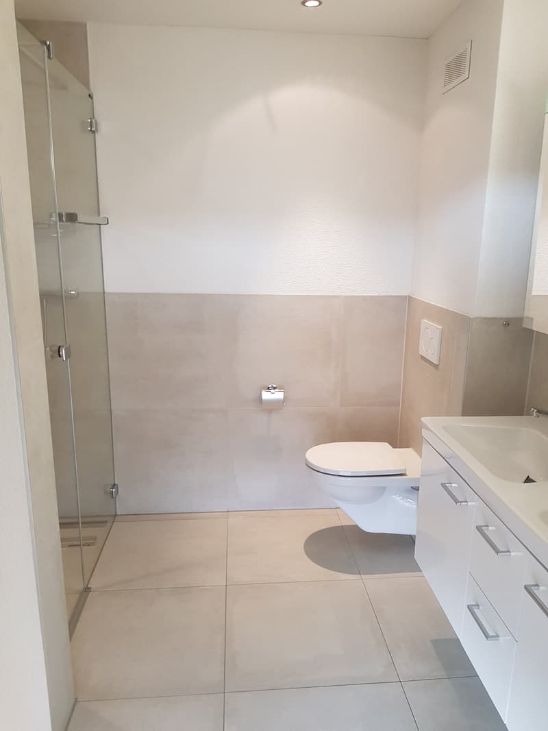 Bathroom with shower, toilet, and sink