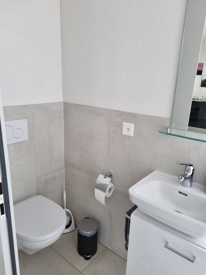 Bathroom with white tiles, white toilet, white sink, mirror, trash can, toilet paper holder, power outlet, and towel rack.