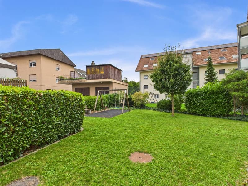 well-maintained garden with green lawn, hedges, trees, and a playground with swings