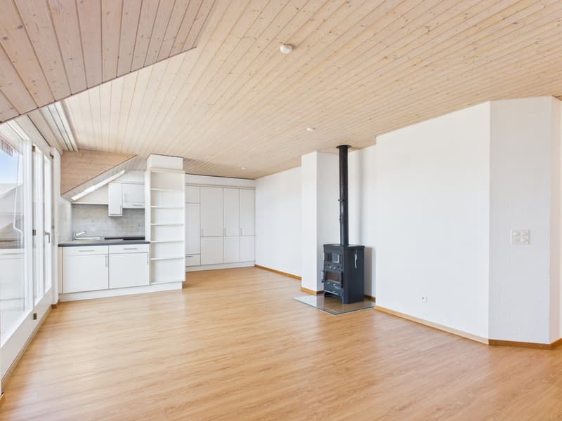 wooden floor, white walls, fireplace, kitchen area, glass doors