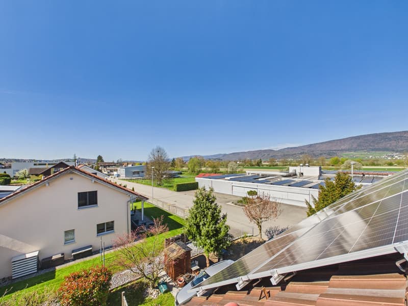 House with solar panels on the roof, surrounded by greenery and mountains in the background