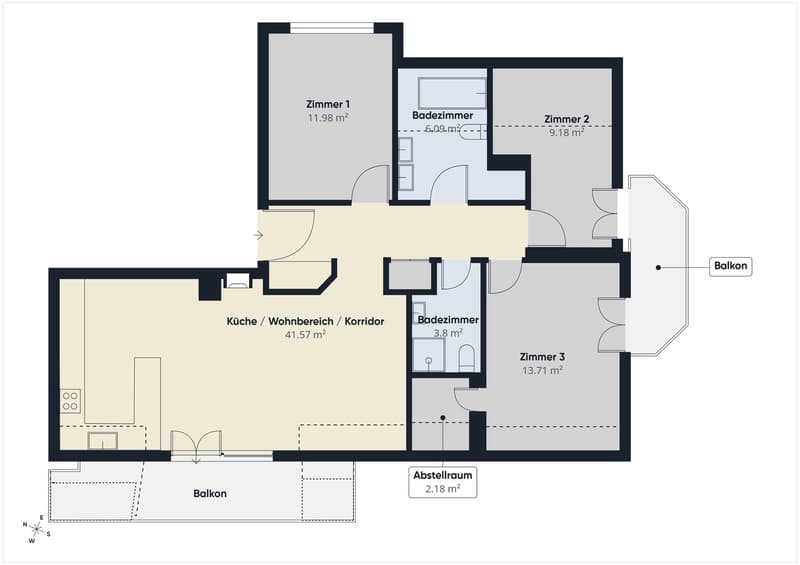 3 bedrooms, 2 bathrooms, kitchen, living/dining area, corridor, storage room, balcony