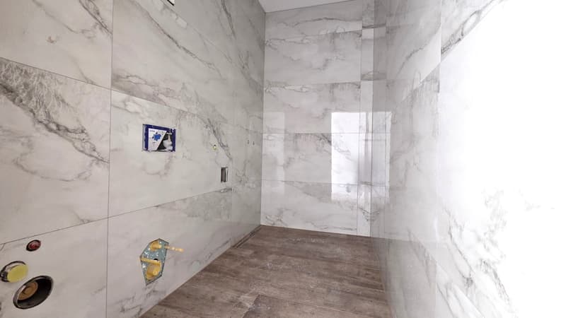 shower room, marble tile, walk-in shower, wood floor