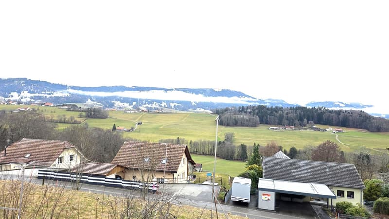 Aerial view of a village with two houses and a trailer. Located near a road with a parking place. A green field and trees are visible in the background, along with a mountain range.