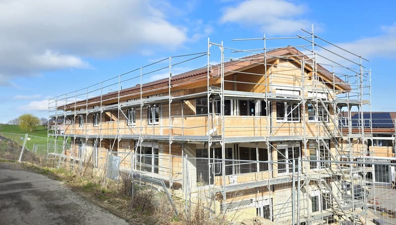 House under construction, brick walls, glass windows, metal scaffolding, brown roof