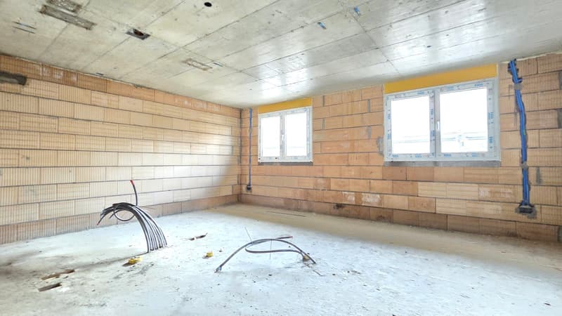 empty room, brick walls, three windows, electrical wires, unfinished floor