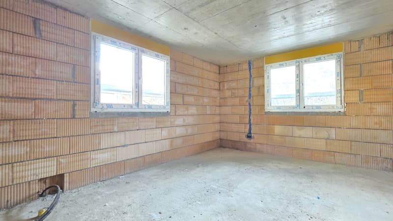 empty room, brick walls, two windows, unfinished floor