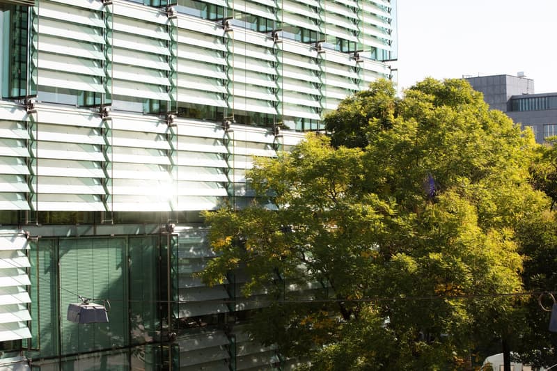 Multi-story glass and steel building with a green and white striped facade, surrounded by lush green trees in the foreground.