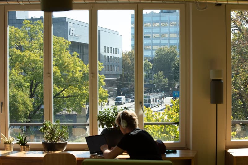 The image shows an office space with large windows overlooking a city street. The office has a desk, computer, and plants, suggesting it is a workspace. The view outside the windows shows tall buildings, trees, and traffic, indicating an urban setting.