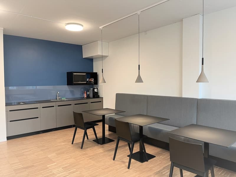 The image shows a modern kitchen and dining area with a gray and white color scheme. The kitchen features sleek cabinets, a microwave, and a dishwasher. The dining area has a gray upholstered bench, black chairs, and small square tables. The room has hard
