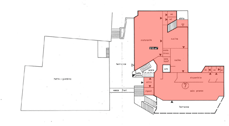 The floor plan shows a 310 m2 property with a ristorante, cucina (kitchen), atrio (atrium), scala (stairs), vano telef. (telephone area), lift, disponibile (available), and sala pranzo (dining room). The property also has a terrazza (terrace), vasca fiori