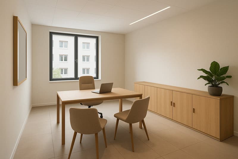 Spacious office with large windows, wooden desk and chairs, storage cabinet, and a potted plant.