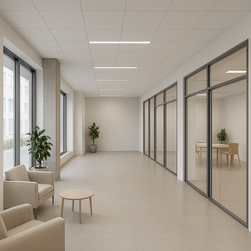 wide hallway, large windows, 2 couches, table, plants, polished tile flooring