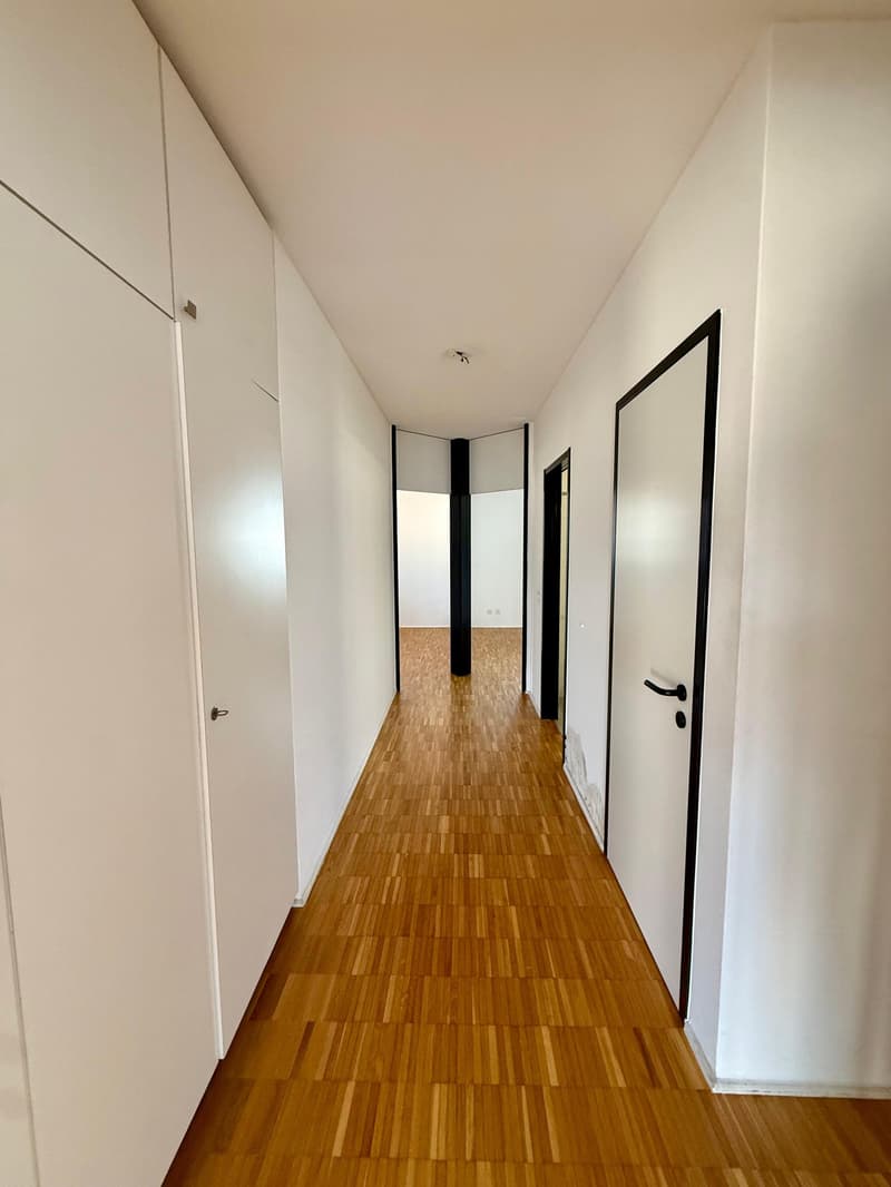 Empty hallway with wooden floor, white walls, and doors on both sides.