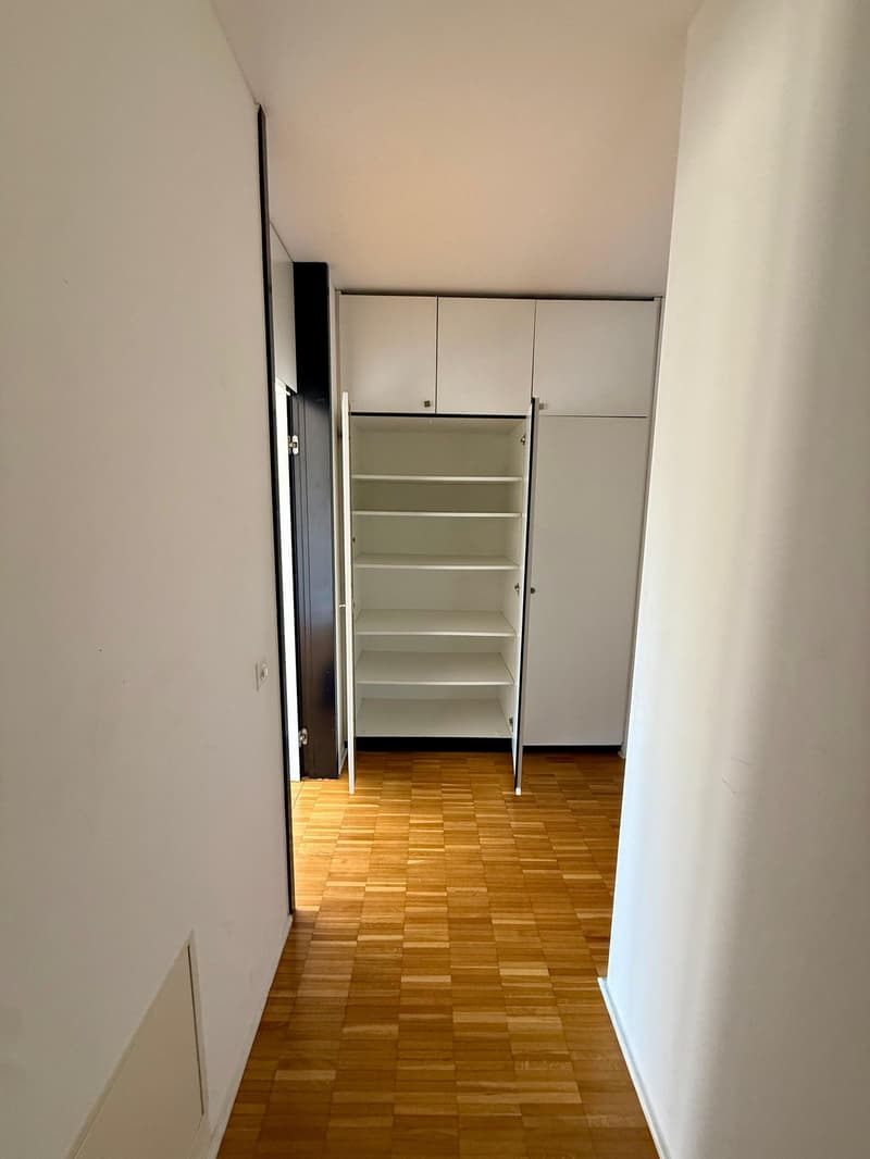 Empty hallway with wooden floor, white walls, open closet with shelves