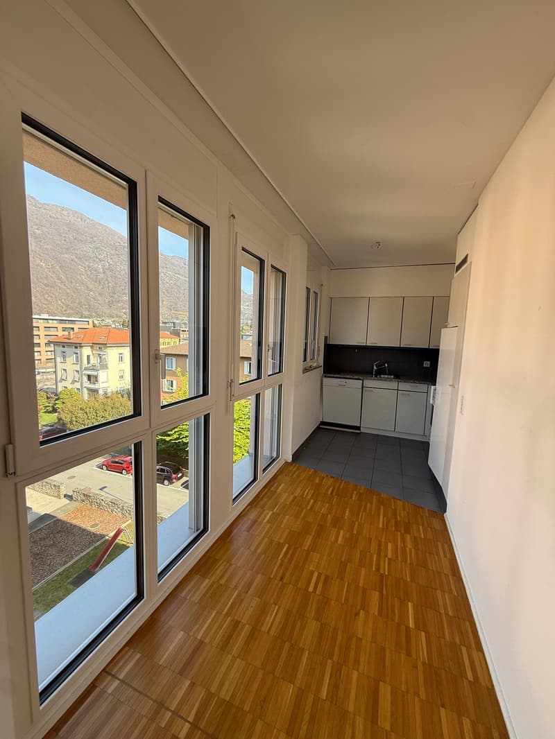 large windows, wooden floor, kitchen with dishwasher, view of mountains