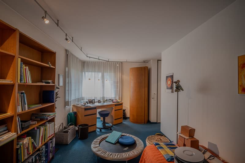 study room with desk, chair, bookshelves, carpet, and a bed