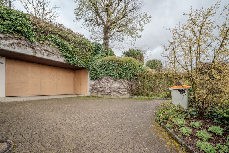 Garage with wooden door, covered by ivy, paved driveway, trash bin