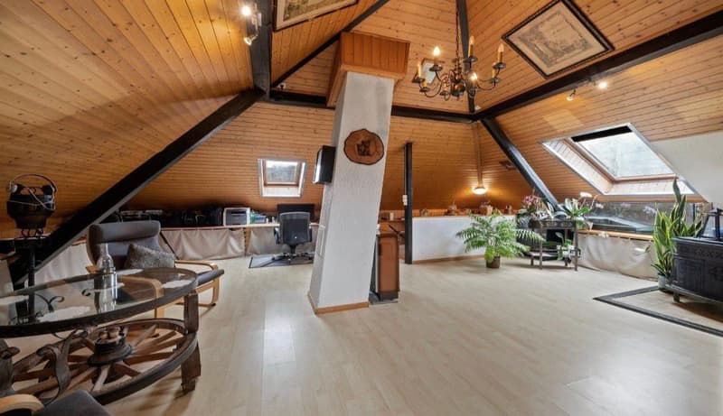 wooden ceiling, wooden floor, chandelier, desk, chair, plants, wheel, table