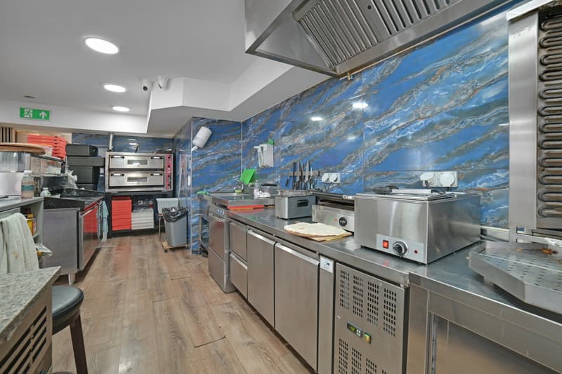 modern kitchen, stainless steel appliances, blue marble wall, wooden floor, exhaust hood, ovens, refrigerators, trash bin, utensils