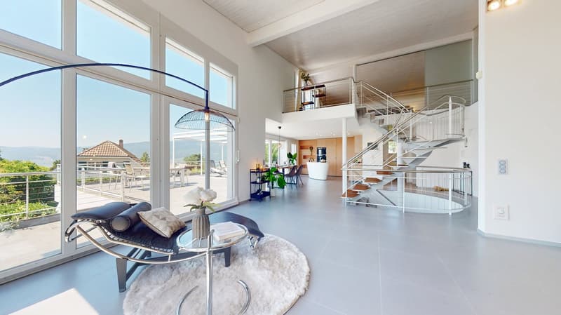 Interior with staircase, balcony, garden, terrace with mountain view