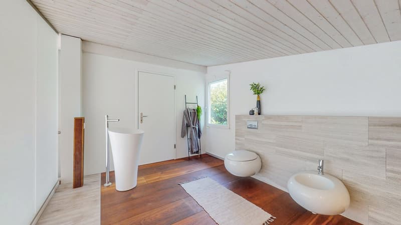 Bathroom: wooden floor, white walls, white fixtures, sink, toilet, towel rack, plant, rug, open door