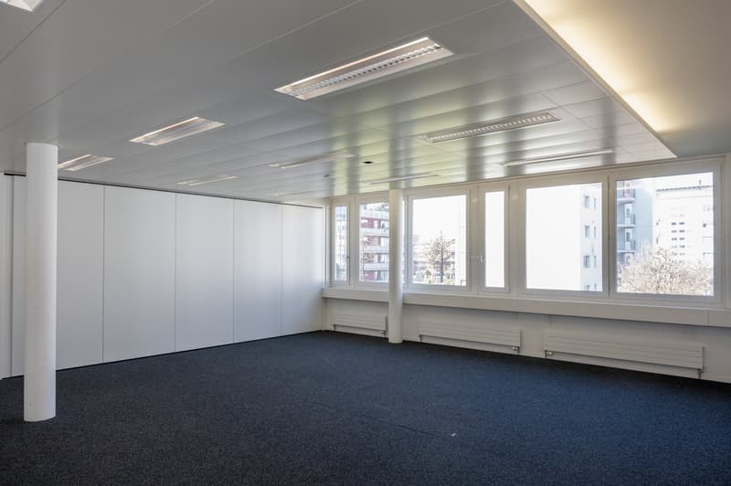 empty room with carpeted floor, large windows, and a column in the center