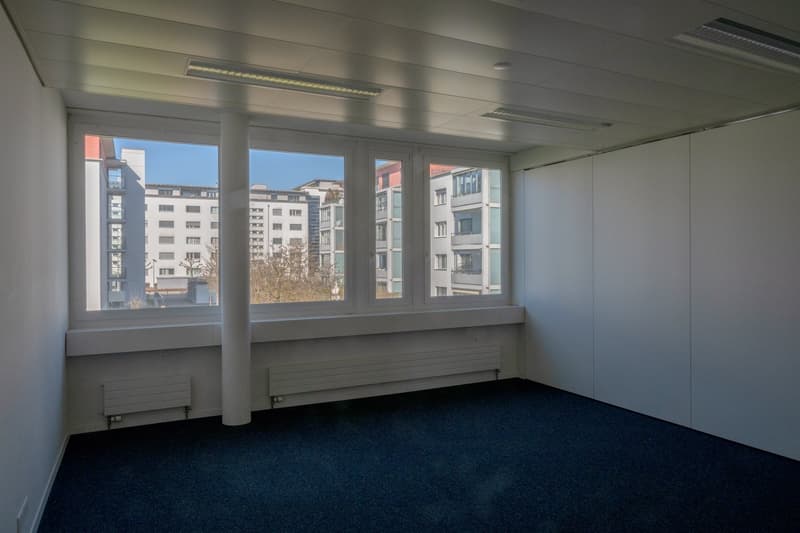 empty room with white walls, carpeted floor, large window with city view