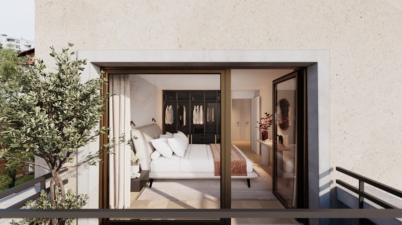 Bedroom with balcony, large bed, walk-in closet, modern decor, large windows