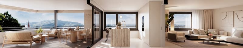 modern living room with large windows, balcony, dining table, couch, armchair, coffee table, kitchen island, faucet, potted plant, artwork