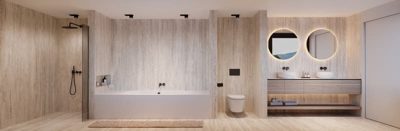modern bathroom with wooden floor, white bathtub, two sinks, two mirrors, shower, toilet, wooden cabinet